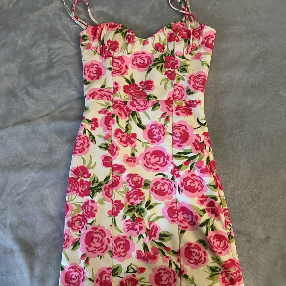 Zara Pink Floral Mini Dress with Green Accents